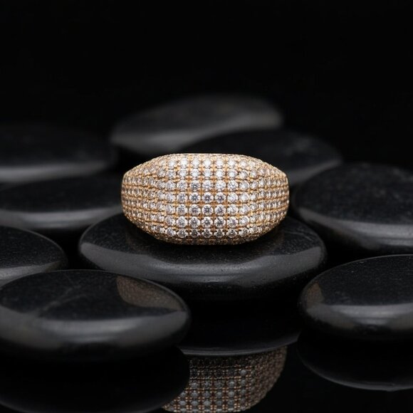 Luxury Ring 14K (or 18k upon request) Yellow Gold Wide Pave Diamond Ring - Picture 4 of 4